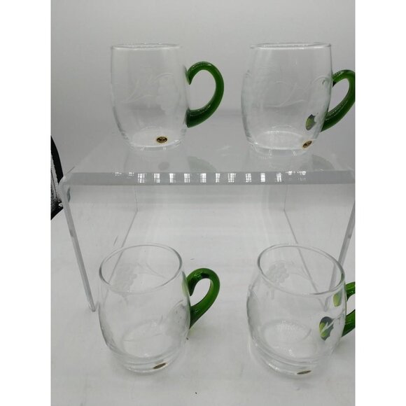 Four (4) Handcrafted Vintage Böckling Glas Mugs With Green Handle & Etched Grape - Picture 1 of 7